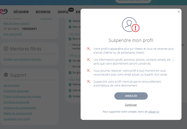 suspendre profil meetic